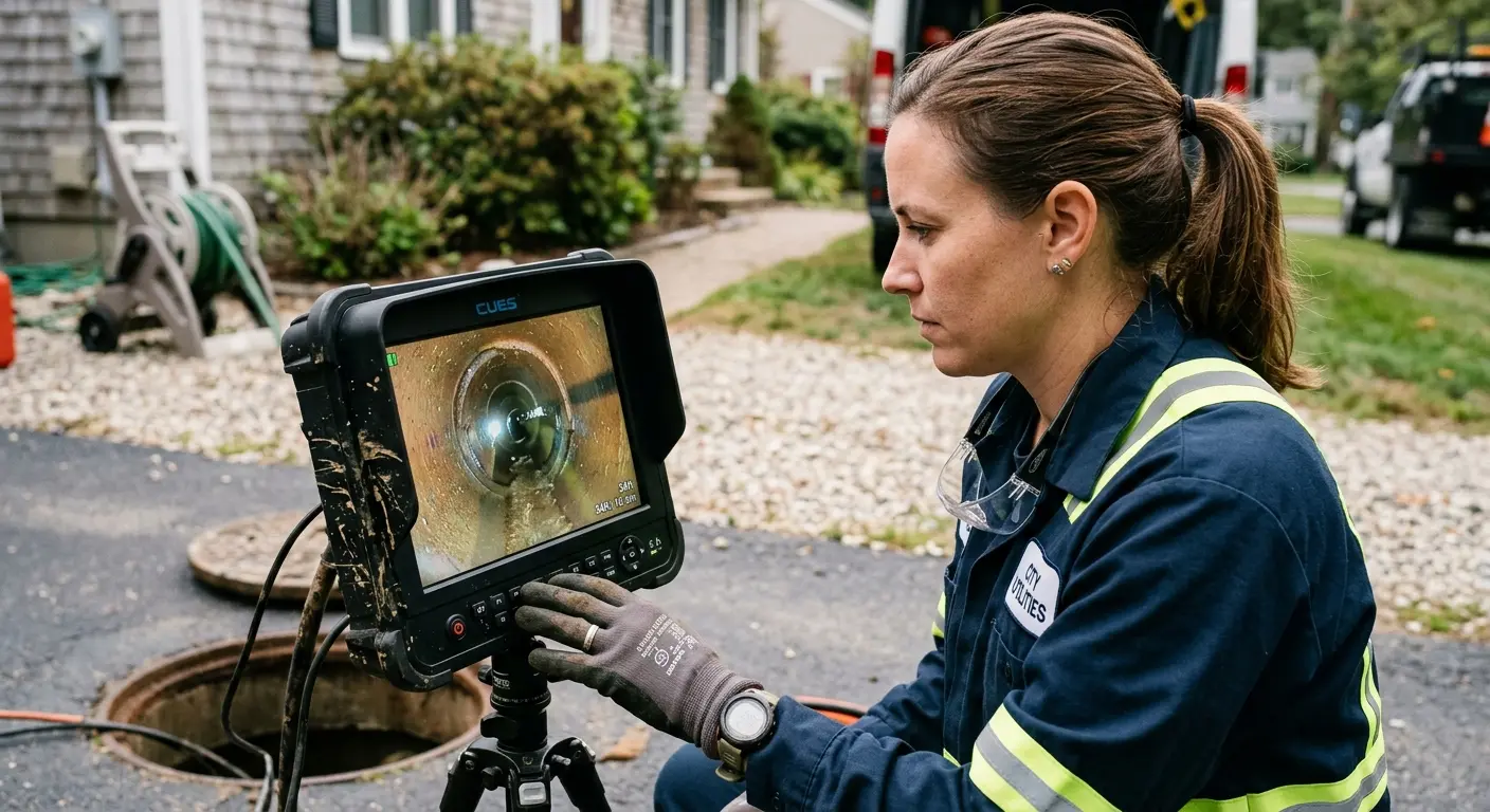 Technician reviewing sewer camera inspection footage in Alvarado