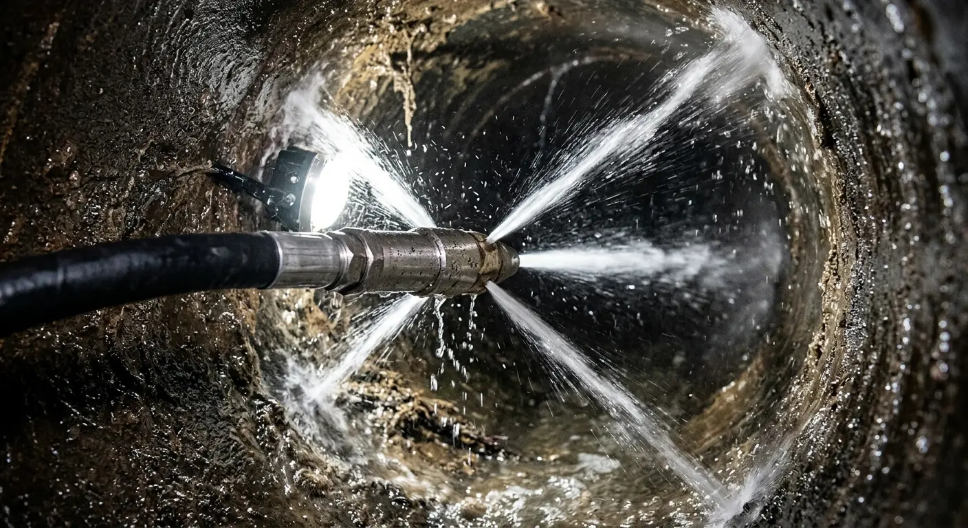 High-pressure hydro jetting nozzle cleaning sewer pipe for Trenchless Sewer Repair in Alvarado