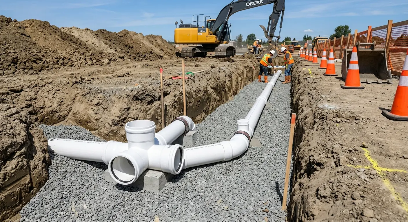 New PVC sewer pipe installation in open trench for Grease Trap Cleaning in Alvarado