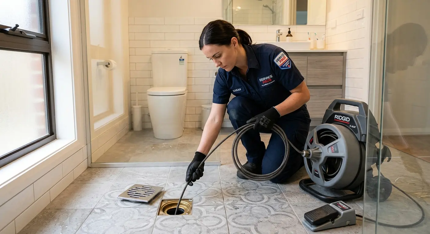 Technician clearing a bathroom floor drain for Sewer Line Replacement in Alvarado